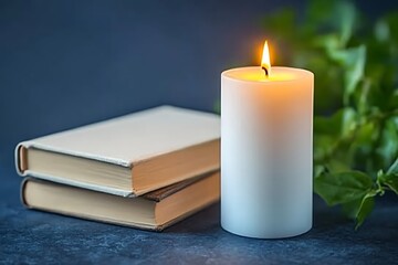 A burning candle and stacked books sit near green foliage