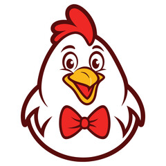 Cheerful White Chicken Cartoon Character With Red Bowtie and Comb. Simple and Cute
