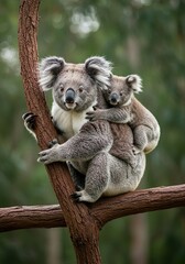 Mother Koala with Baby on Back in Natural Forest Habitat – Adorable Wildlife Moment