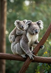Fototapeta premium Mother Koala with Baby on Back in Natural Forest Habitat – Adorable Wildlife Moment