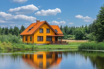 Obraz premium Cozy wooden house with orange roof reflected in the lake