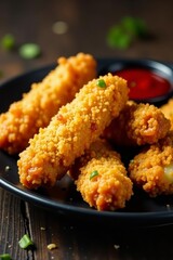 Golden crispy chicken tenders on a black plate with ketchup and dipping sauce, Chicken, Fried