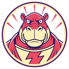 Cartoonish Hippo Hero Emblem, Illustration, Comic Style Badge, Animal Mascot Logo
