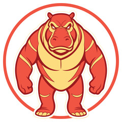 Cartoon Hippopotamus with Muscular Build Inside Round Frame, Red and Yellow Color