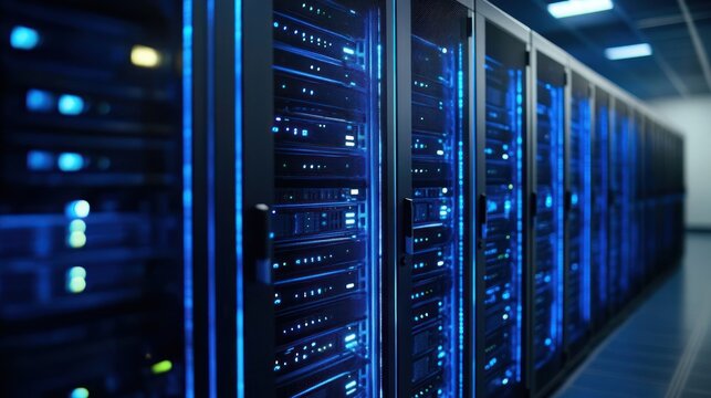 Server room rack cabinets, lit blue, data center - Powered by Adobe