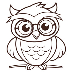 Owl Outline Cartoon Perched on Branch with Glasses, Round Eyes, Isolated