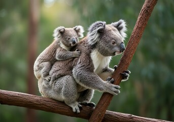 Fototapeta premium Mother Koala with Baby on Back in Natural Forest Habitat – Adorable Wildlife Moment