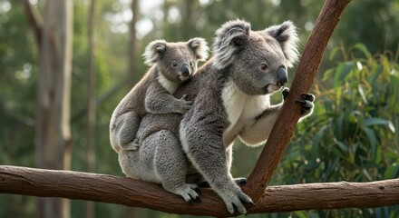 Fototapeta premium Mother Koala with Baby on Back in Natural Forest Habitat – Adorable Wildlife Moment