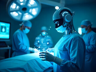 Futuristic Robotic Surgeon in Operating Room with Holographic Display