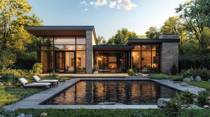 Fototapeta premium Modern house with pool, sunset view, lush garden