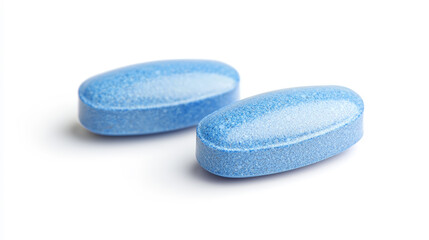 A close-up of a single blue vitamin tablet set against a clean white background. Generative AI