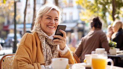 Confident Mature Woman, Businesswoman at Cozy European Café, Laughing While Talking on Phone, Receiving Good News, Watching Video, Enjoying Coffee and Happy Moment.