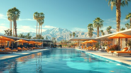 Obraz premium Desert resort poolside relaxation, mountain view
