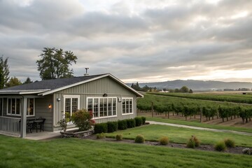 A gray ranch style model Hedges around modern house