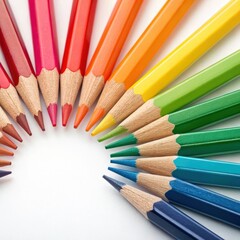 Naklejka premium Colorful arrangement of crayons in a circular pattern showcasing a vibrant spectrum on a white background with copy space