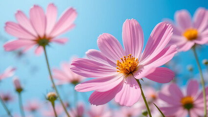 Fototapeta premium Close-up of pastel cosmos flowers under a bright blue summer sky.