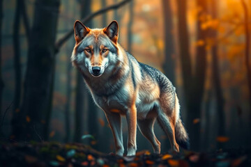 Majestic Wolf Roaming Through a Lush Forest, Showcasing Its Powerful Stance in a Serene Natural Setting, Vibrant Wallpaper