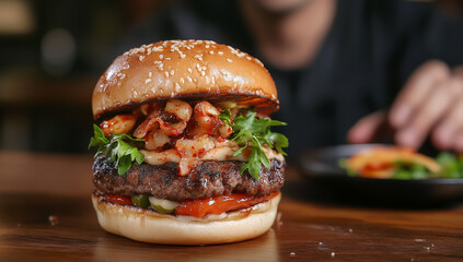 Photo of a juicy hamburger on a wooden table, with studio lighting, high-resolution photography.