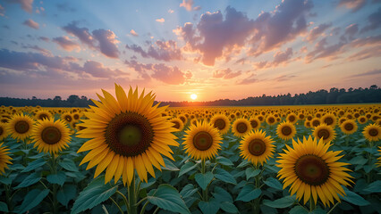 Fototapeta premium Vibrant sunflower fields with pastel skies at golden hour.