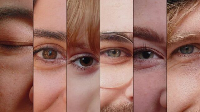 Diverse collage of happy joyful authentic men, women, children eyes close-up smiling face, looking at camera. Group of people grinning with gaze. Racial equality. Different nationalities, ages, gender