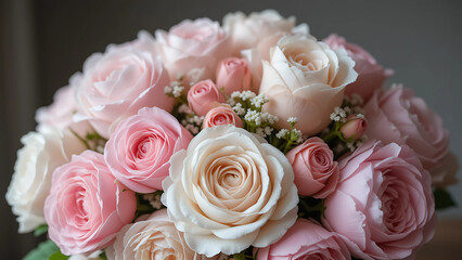 Obraz premium Romantic pastel roses and peonies arranged in a soft.