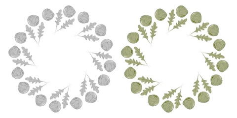 Fototapeta premium Brussels sprout heads Arugula leaves Circular Frame border Monochrome copy space Template idea Set 2