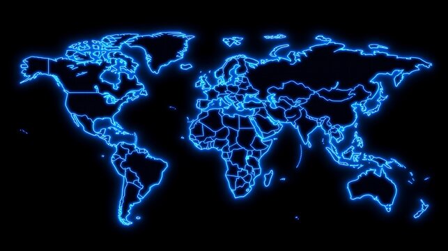 Fototapeta Glowing blue neon world map.