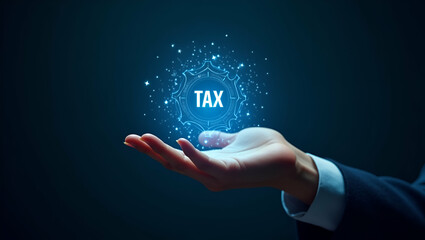Hand presenting holographic device showcasing tax software comparison with empty space background concept as A hand using a holographic device to compare various tax software emphasizing features and 