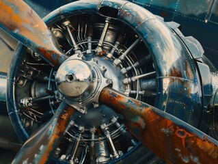 Vintage Airplane Engine and Propeller Close-Up