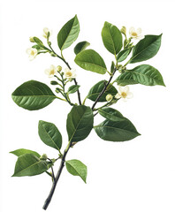 Fototapeta premium Branch with green leaves and white flowers on white background