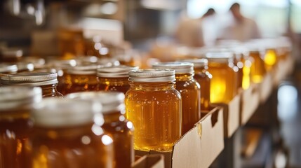 Honey jars on factory shelves; workers in background