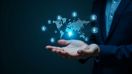 Engaging with Holographic EDI Device: Global Data Transfer & Digital Security Icons in Empty Space