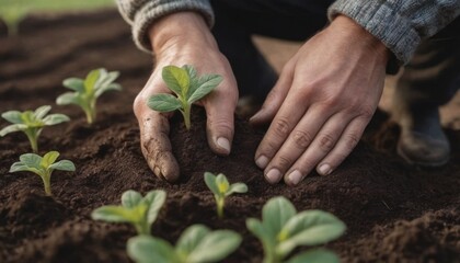 Farmer planting seedling into rich soil.
