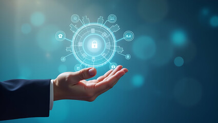 Hand reviewing holographic business audit device showing compliance target data analysis icons in empty space concept as Hand reviews holographic business audit device displaying compliance target dat