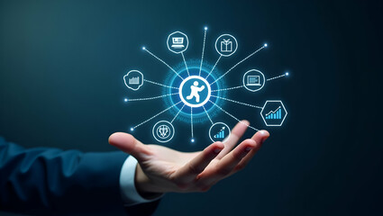 Hand Reviewing Holographic Business Audit Device: Compliance Data Analysis Icons in Empty Space