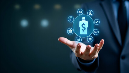 Enhance Business Performance: Hand Interacting with Holographic Cost Reduction Device Showcasing Quality, Speed, Efficiency, and Optimization Icons in an Empty Space Concept for Maximum Impact