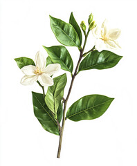 Obraz premium White Wrightia flowers with green leaves on white background
