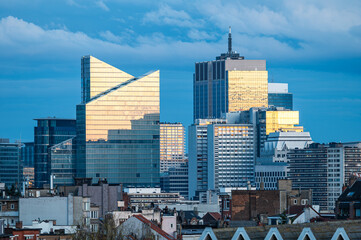 High angle view over a colorful sunset of the business district of Brussels Capital Region, Belgium