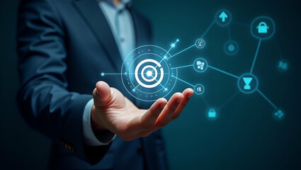 Flat Hand Reviewing Holographic Business Audit Device: Analyzing Compliance Target Data with Cute Vector Illustrations for Smart Business Insights in Empty Space