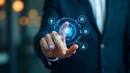 Flat Hand Reviewing Holographic Business Audit Device: Analyzing Compliance Target Data with Cute Vector Icons in a Smart Business Concept