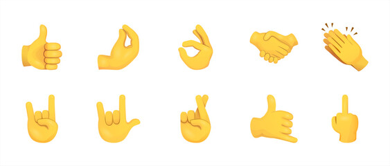 Different hand emojis, gestures, stickers, emoticons flat illustration symbols set, collection. Hands, handshakes, muscle, finger, fist, direction, like, unlike, fingers collection, vector icons.