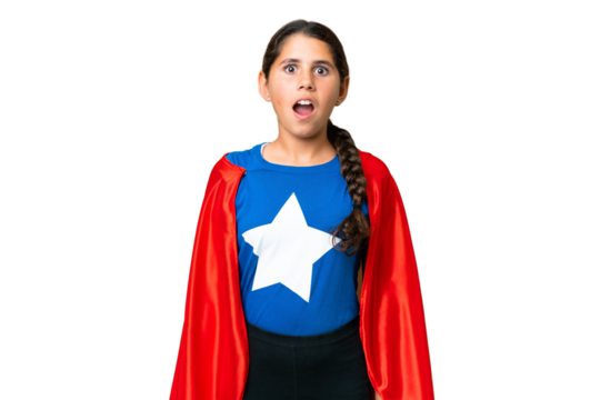 Super Hero girl over isolated chroma key background with surprise facial expression