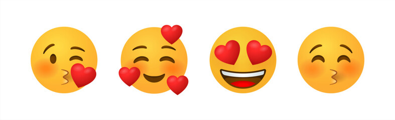 Emoticon and emoji with heart vector faces set. Emoticons of red heart with in love, broken, kissing, surprise and funny cute expression isolated in white background. Vector 10 eps.