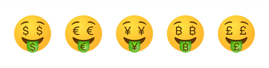Dollar, Euro eyes emoji. Money face emoticon with green tongue set