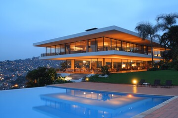 Fototapeta premium Contemporary two story house with a pool and city view
