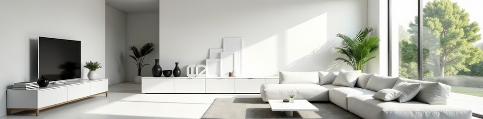 - Spacious white living room with sleek furniture, decorative accents, and natural light, modern, comfortable