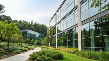 Naklejka premium Modern glass buildings surrounded by lush greenery and walking paths, creating a serene, eco-friendly environment.