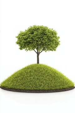 A vibrant green tree flourishes atop a meticulously shaped hill, symbolizing growth and environmental preservation against a prist
