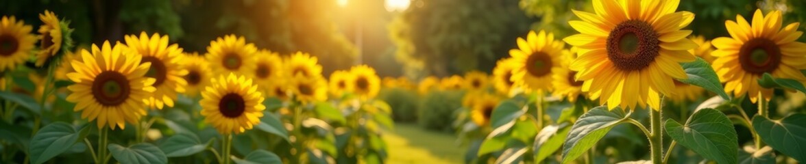 Obraz premium - Sunlit garden with blooming sunflowers and winding vines, whimsical, sunlit, sunflowers