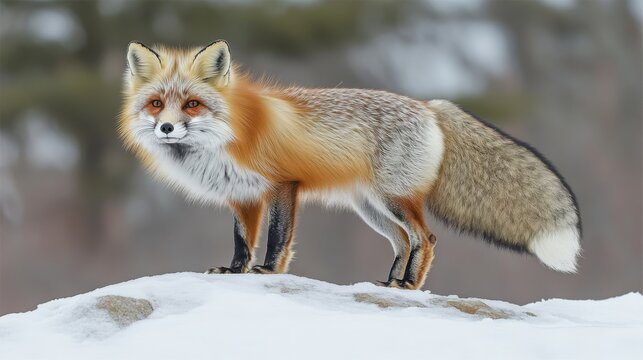 A vibrant red fox perched on a snow-covered rock, its fiery red fur and alert eyes standing out against the crisp white snow.